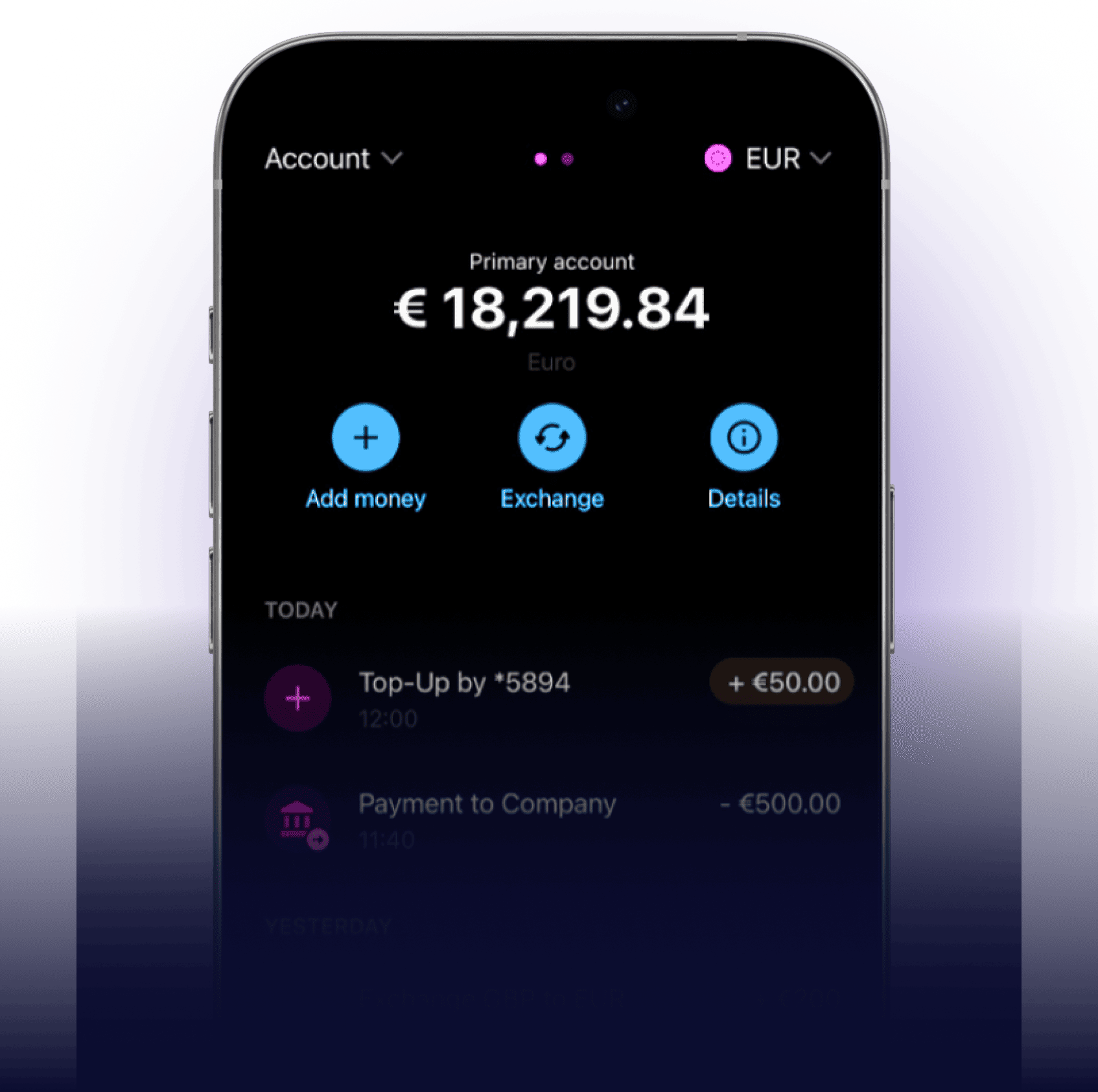 Smartphone showing the BONCA mobile app home screen with business account balance and quick actions